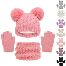 Fashion Kids Winter Beanie Hat Scarf Gloves Set Warm Knit Thick Ski Cap With PomPom and Scarf Gloves Set for Girls Boys,Purple
