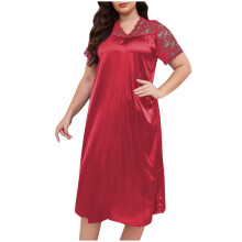 Dam vår-sommar enfärgad v-ringad lång pyjamasklänning med ihåliga spetsdetaljer | XL-5XL | 100 % polyester loungewear