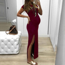 UTTOASFAY Womens Maternity Dresses Summer Round Short Sleeve Solid Color Split fork Maternity Dress Fashion Skirt Red S
