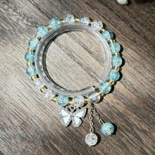 Korean Pink Crystal Flowers Butterfly Pendant Beaded Bracelet For Women; W0M2