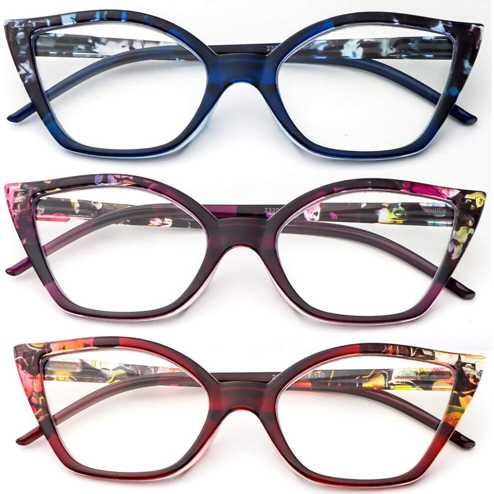 Cat Eye Reading Glasses for Women 3 Pack Anti Blue Light Computer Readers Stylish Retro with Spring Hinge
