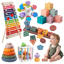 6-i-1 Montessori-babyleker for 1 år: Trestableklosser, formsorterer, xylofon, biteleker (6–12 måneder), læringsgave for småbarn