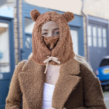 1Pcs Plush Hat Bear Shape Girls Thermal Cartoon Animal Cute Hat Style Face Protection Brown 31x28cm
