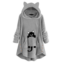 Lange Kapuzenpullover für Damen, süßes Katzenohren-Muster, flauschiges Fleece-Kleid mit Kapuze, Plüschoberteil für Teenager-Mädchen, im Angebot