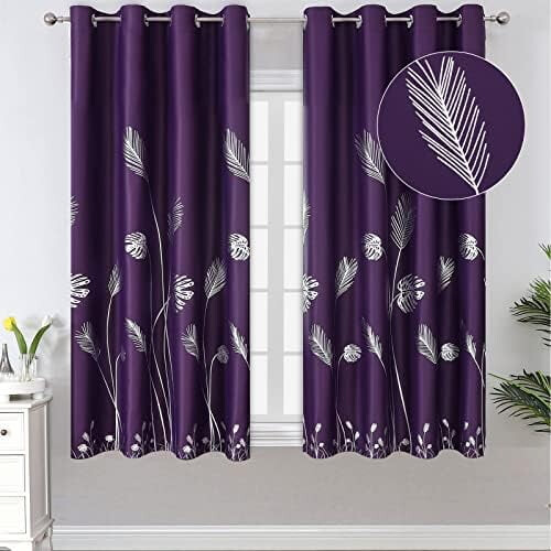 Purple blackout curtains silver palm pattern 52x63 in 2