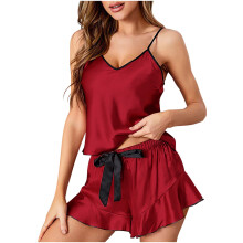 Modieuze satijnen pyjamaset voor dames, casual satijnen huispak, pyjamaset met knoopjes, nachtkleding, loungewear, rood