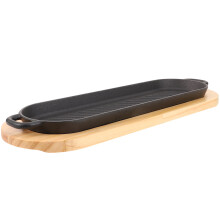 Plato para bistec Worgeous de hierro fundido con doble asa y base de madera.