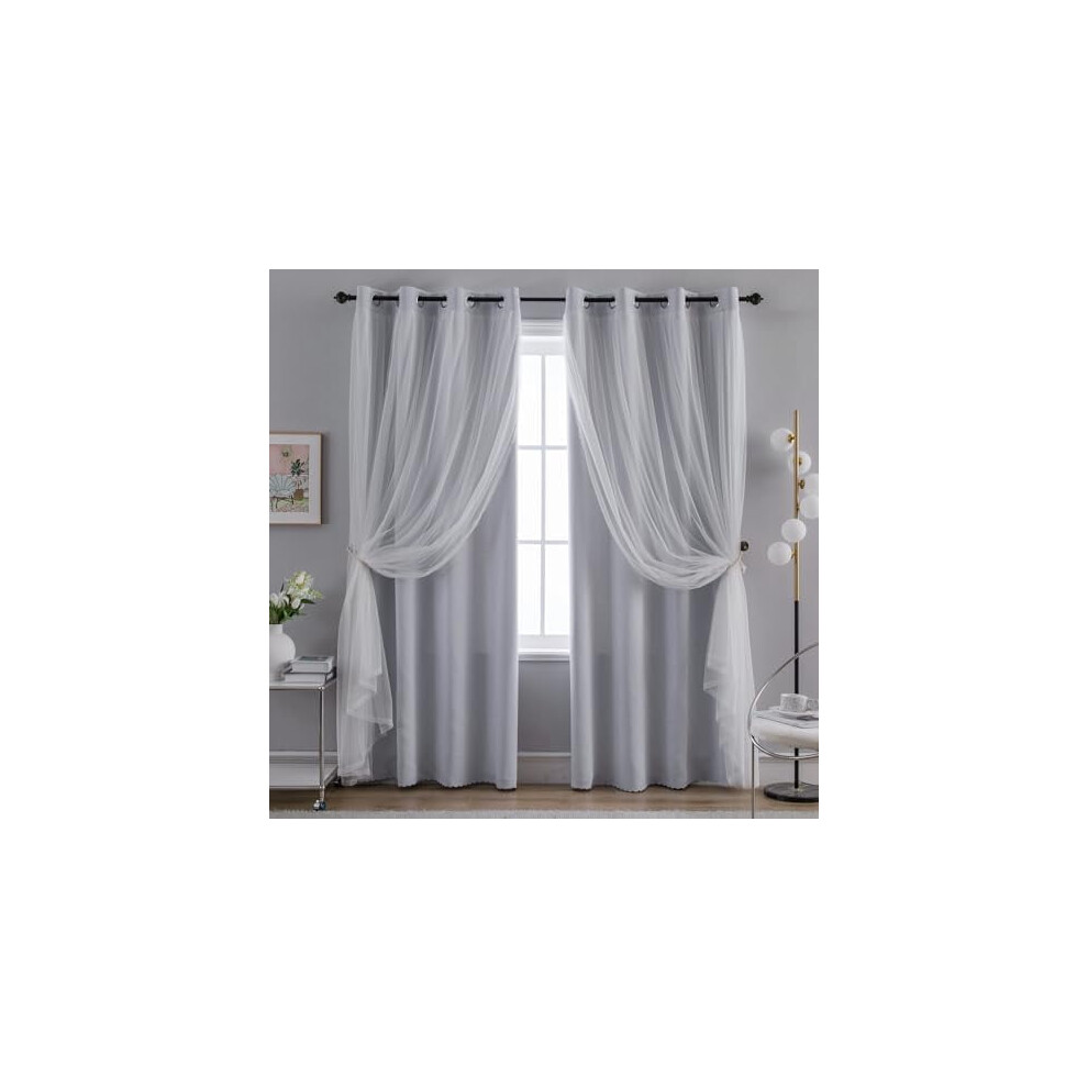 Home Curtains Blackout and Sheer Layered Solid Window Curtain Panel Pair with Grommet Top, 52Wx63L,Greyish White