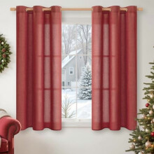 Red Linen Curtains 42x48", Light Filtering, Bronze Grommets, 2 Panels – Compatible with Standard Rods