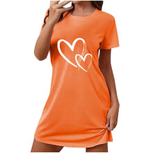 Women's Plus Size Heart Print Short Sleep Dress – Round Neck Short Sleeve S-2XL for Trendy Loungewear & Everyday Comfort