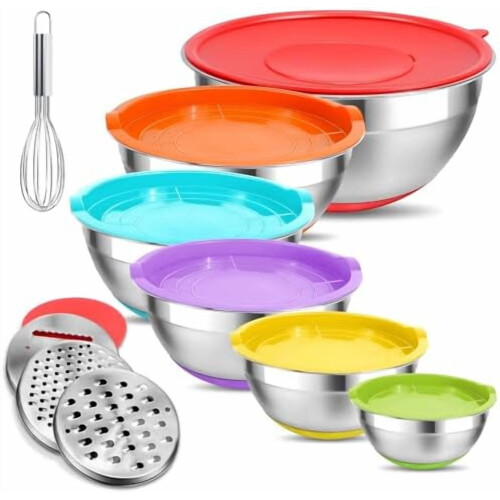 Rostfria skålar med lock, set, 6 delar