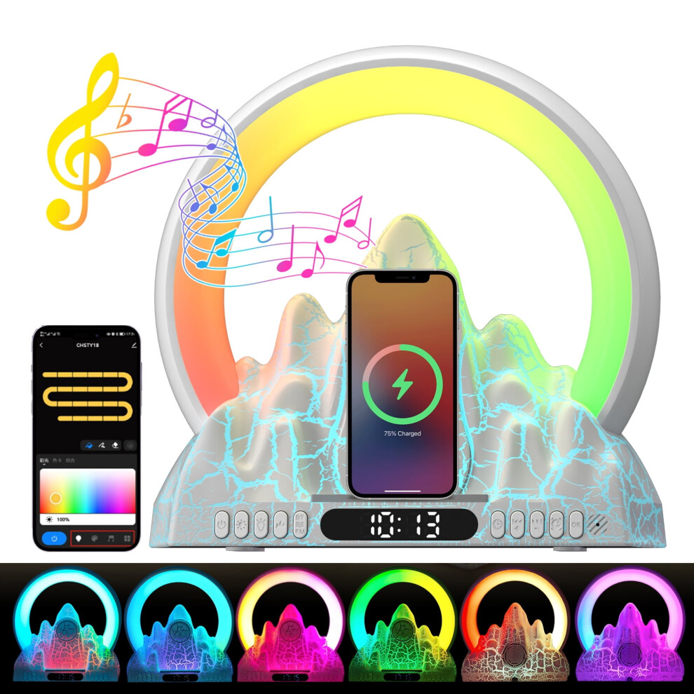 Alarm Clock,Rgb Dynamic Volcano Atmosphere Night With 15W Wireless Charger, Bluetooth Digital Music Speaker,Bedside Lamp Desk Clock For Kids Light