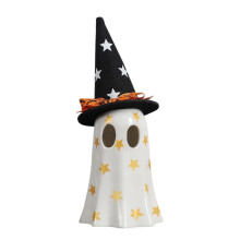 Halloween keramisch spookbeeldje met heksenhoed, wit, 1 stuk