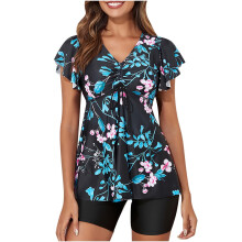 Dames 2-delige sportieve tankini set: top met ruchesmouwen + shortje, bescheiden zwarte zwemkleding, geschikt voor strand en sport.