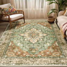 Area Rugs 2'x8' Washable Non-Slip, Floral Vintage Distress Print Pattern Medallion Carpet for Living Room Bedroom Dining Room, Sage Green Yellow