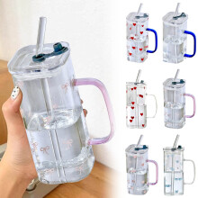 400 ml hitzebeständiger Glasbecher mit Strohhalm und Deckel