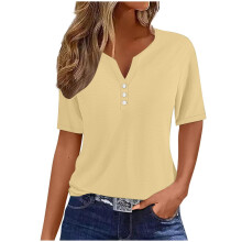 Blusas de verano para mujer, tops para mujer, top casual de manga corta y cuello mediano de color liso para mujer