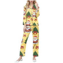Naisten joulukuvioinen napitettava pyjama-setti, pehmeä ja joustava yöasu, koko S-2XL, yhteensopiva juhlavaatteiden kanssa