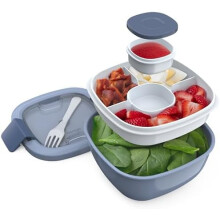 Saladier de 1,5 L avec plateau à 4 compartiments, pot à vinaigrette anti-fuite, fourchette réutilisable, sans BPA, plateau bento amovible (ardoise)