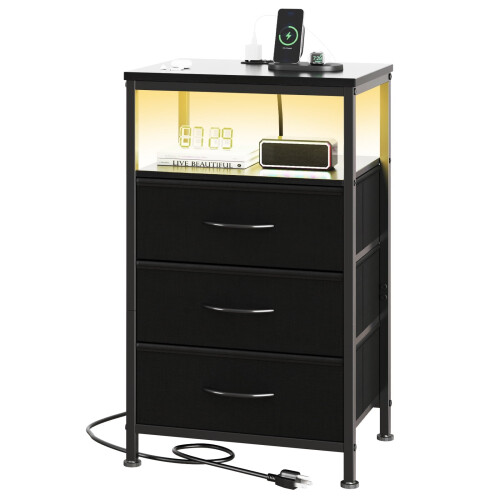 Fabric Nightstand with Charging Station and Adjustable