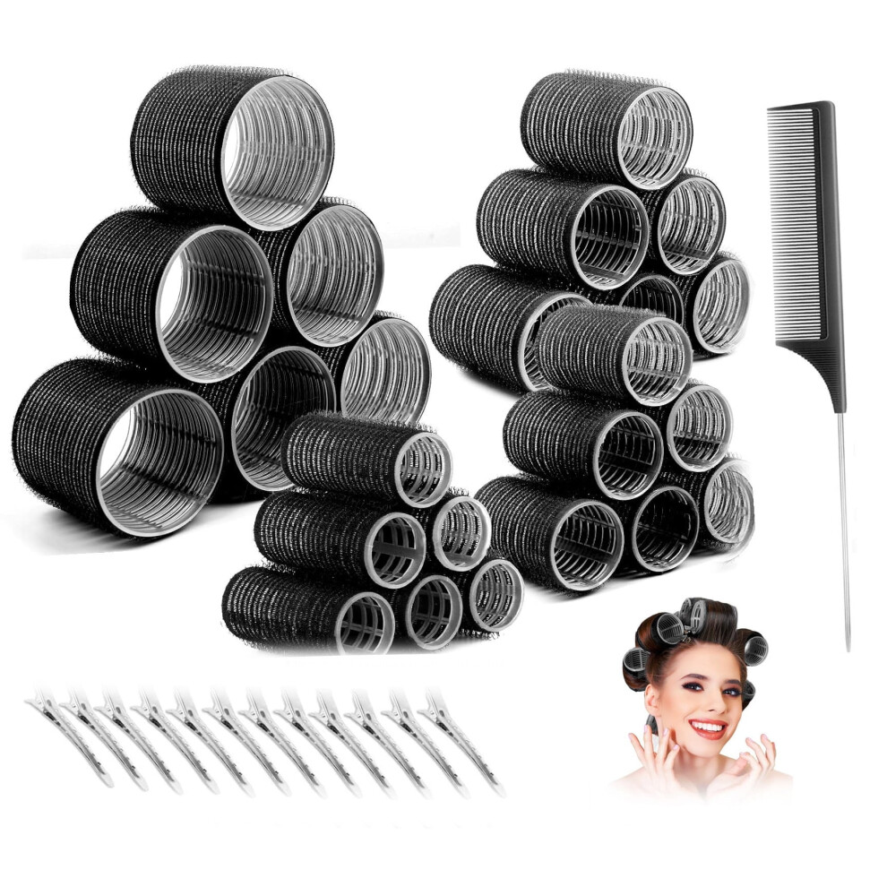 Black 37-Pc Hair Roller Set With Clips & Comb, Self-Grip Curlers For Long/Medium/Short Hair (4 Sizes)