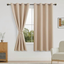 Beige Curtains for Bedroom with Tiebacks - Room Darkening Privacy Grommet Top Window Curtains for Living Room, 52 x 63 inch Long, Set of 2