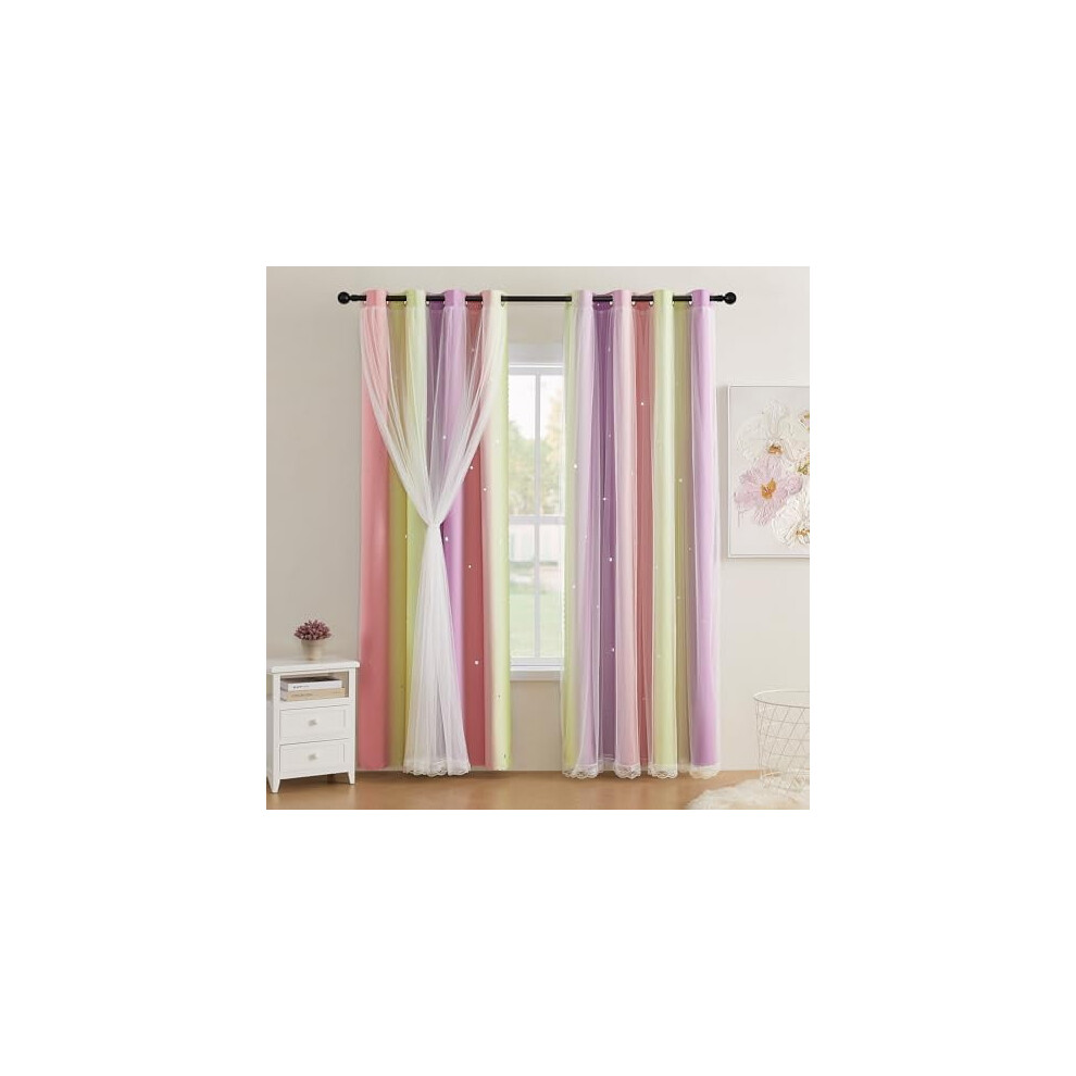 Pink & Yellow Kids Blackout Curtains (34X54", 2 Panels) – Rainbow, Princess, Unicorn Theme – Compatible With Nursery & Girls' Bedroom Pink,Yellow