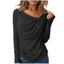 Top para mujer, blusa informal de color liso con cuello redondo y mangas largas plisadas, túnica cómoda para mujer.