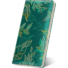 Women's RFID Slim Wallet, Thin Leather Bifold with 11 Card Slots & ID Window, Luxury Green Leaf Design