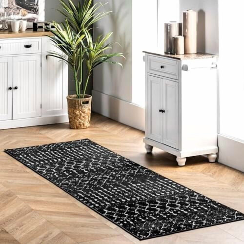 Moroccan Blythe area rug black white 2x8 ft