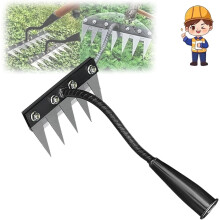 Carbon Steel Garden Weeding Rake, 2-in-1 Iron Rake 2.0, 5-Teeth Hand Rake for Yard, Farm, Soil & Lawn Care