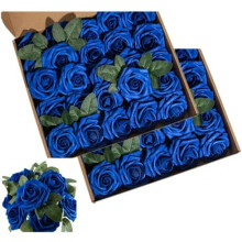 Royal Blue Foam Roses 50pcs – Realistic Fake Roses with Stems & Leaves for Home, Party, Wedding, Garden Decor