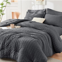 Queen Comforter Set Seersucker 7 Pieces, All Season Luxury Bed in a Bag for Bedroom, Bedding with Comforters, Sheets, Pillowcases & Shams, Dark Grey