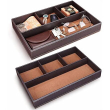2-Pc Faux Leather Valet Tray for Men, Stackable Jewelry Organizer for Keys, Wallet, Sunglasses, Watch, Coins, Phone – Brown
