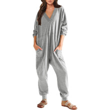 Dam Casual Lösa Jumpsuits Långärmade V-ringade Överdimensionerade Sparkdräkter Baggy Overaller Lounge Pyjamas Onesie Jumper