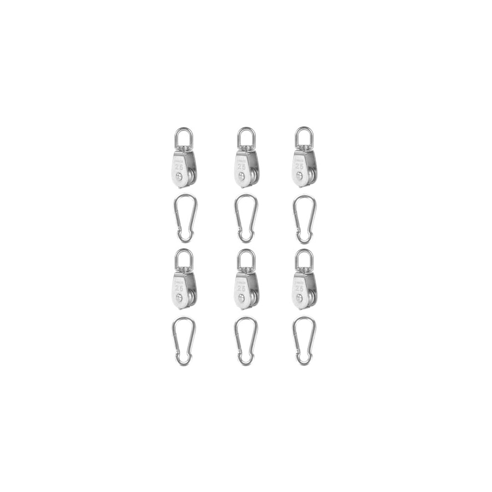 6Pcs 304 Stainless Steel M25 Single Pulley Block, Wire Rope Hanging Wire Towing Wheel, With 6Pcs Spring Snap Hook 9338982270595