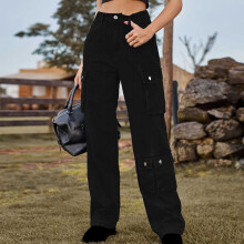 Calça cargo feminina lulshou Fashion para primavera/verão, ideal para trabalho, com bolso e botão. Confortável, casual, de cintura média e