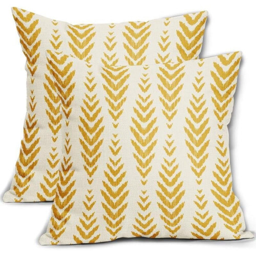 Yellow Boho Linen Pillow Covers 16x16 in (2 Pack)
