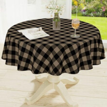 Round Waterproof Vinyl Tablecloth with Buffalo Flannel Backing, Wipeable Plastic Cover for Dining, Kitchen & Picnic (60", Black/Khaki)