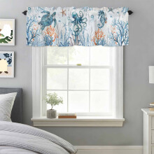 Cantonnière Tortue marine et corail 107 x 30 cm, à œillets, compatible avec une décoration sur le thème marin, pour cuisine, salle de bain ou