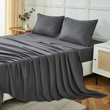 Ensemble de draps California King, 4 pièces, microfibre grise série 1800, infroissable et résistant à la décoloration, poches profondes de 35,5