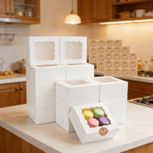 30pcs 6x6x3 Inches White Cookie Boxes with Window - 36 Stickers for Cookies, Treats, Candy, Desserts, Chocolate Strawberries, Mini Cakes