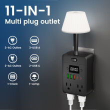 Multifunctional 11-in-1 Power Strip with Desk Lamp, Digital Clock, 4 Outlets, 3 USB-A & 2 USB-C, Overload Protection, Wall-Mountable for Home Office