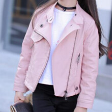 4-13Y Kids Girls Leather Jacket Winter Coat Spring And Fall Lapel Leather Zipper Long-sleeved Jacket Baby Clothes Pink