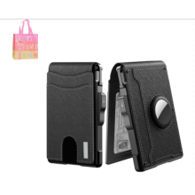 Portefeuille homme noir traçable avec protection RFID - Modèle fin et minimaliste à deux volets, étui en aluminium à ouverture facile, pince à
