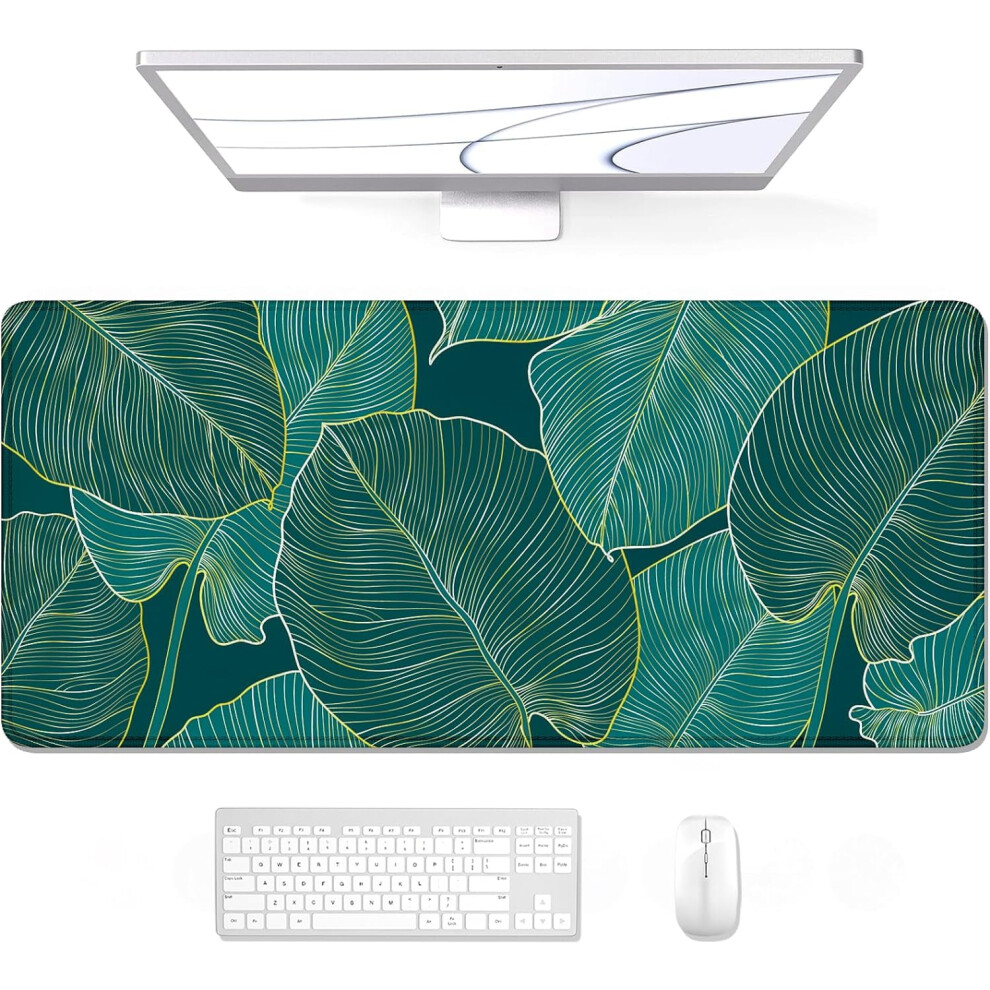 Xl Gaming Desk Pad 31.5X11.8", Waterproof, Stitched Edge, Non-Slip, Teal Tropical Leaves Design 9499224174641
