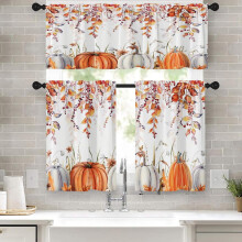 Pumpkin Fall Kitchen Curtains Set – 36" Autumn Leaves Valance & Tier, Thanksgiving Rod Pocket, Orange Watercolor Cafe Decor, compatible with