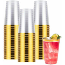 50PCS 12oz Gold Plastic Cups for Party, Disposable Gold Rim Cups, Plastic Cocktail Glasses for Wedding Thanksgiving, Christmas, and Parties