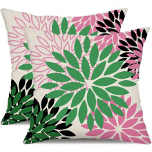 Housses de coussin fleuries vertes/roses/noires 45 x 45 cm, lot de 2, imperméables, en lin pour intérieur et extérieur.
