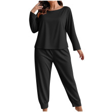 Pyjamaset voor dames in grote maten, 2-delige loungewear set met lange mouwen, zachte en comfortabele nachtkleding, effen kleur, relaxte pasvorm,